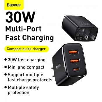 BASEUS Compact Quick Charger 2U-C Three Ports 30W Travel Power Adapter US Plug BASEUS Compact Quick Charger 2U-C Three Ports 30W Travel Power Adapter US Plug